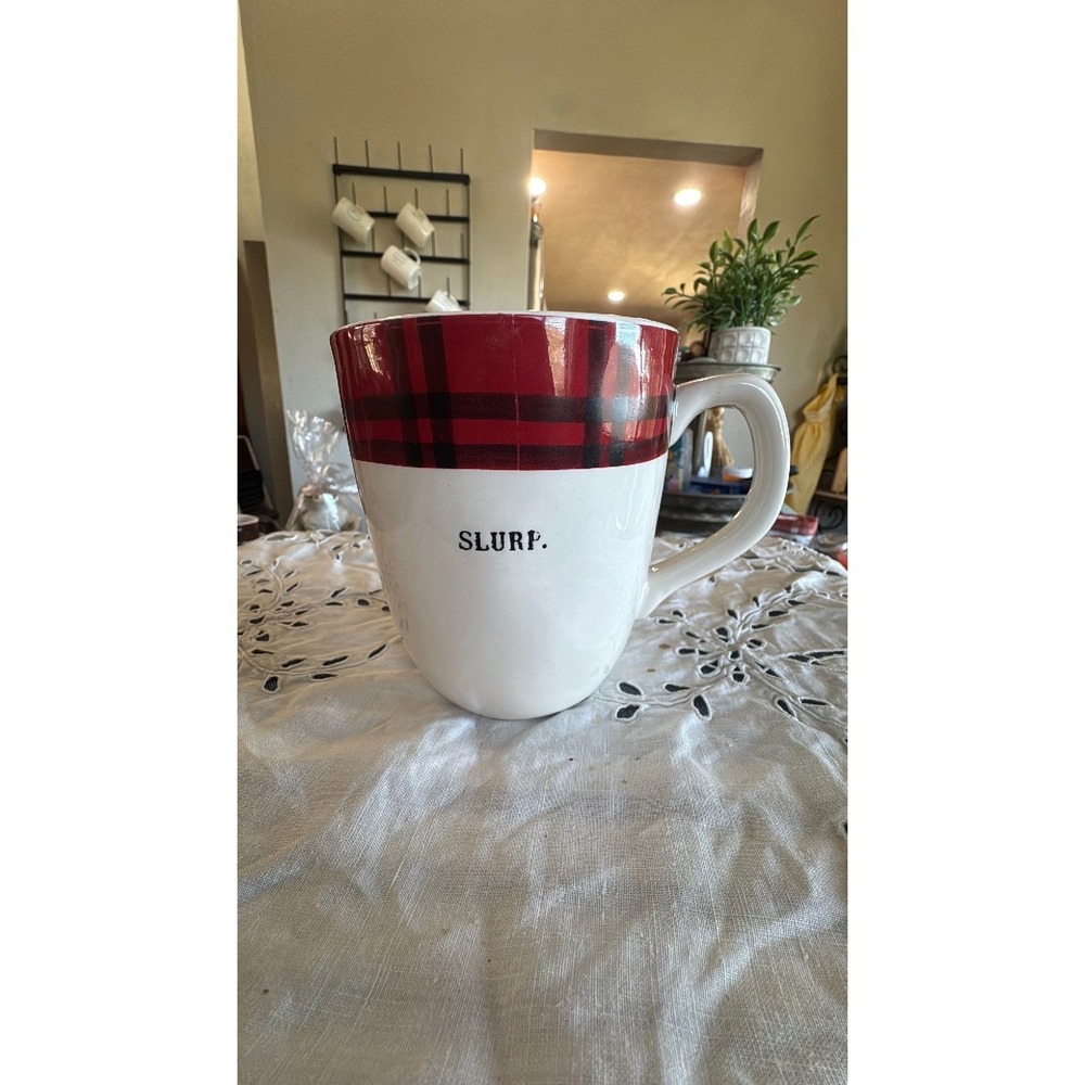 Rae Dunn SLURP red tartan coffee mug ceramic